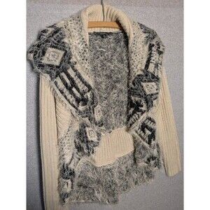 Cream Black Fuzzy Knit Cardigan Shawl Collar Layered Boho Western Sz PM